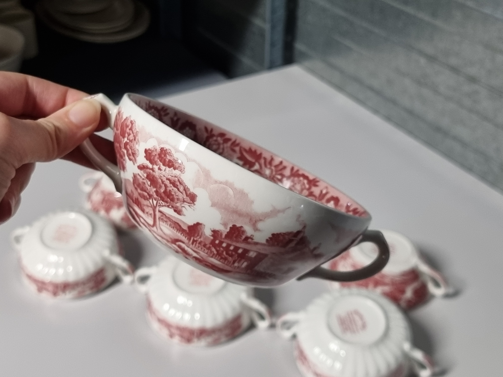 Engels rood Country Style set 6x soepkom met schotel
