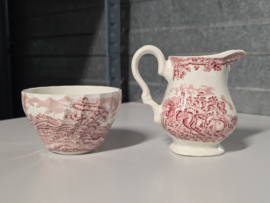 Engels rood Jachtservies Myott's Country Life roomstel met suikerkom (witte binnenkant)