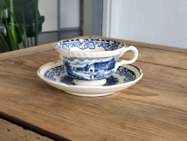 Boerenhoeve blauw Societe Ceramique met goudluster Set 9x Kop en schotel