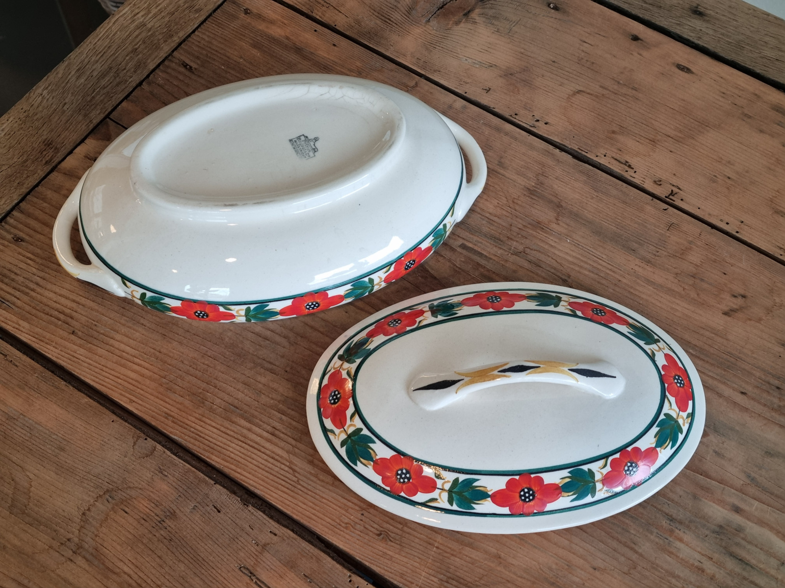 Apart Boerenbont Regout  Dekschaal Terrine vintage oranje/groen