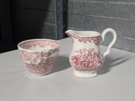 Engels rood Jachtservies Myott's Country Life roomstel met suikerschaaltje (randje binnenkant)