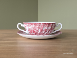 Engels rood Johnson Bros Coaching Scenes soepkom met schotel (witte binnenkant)