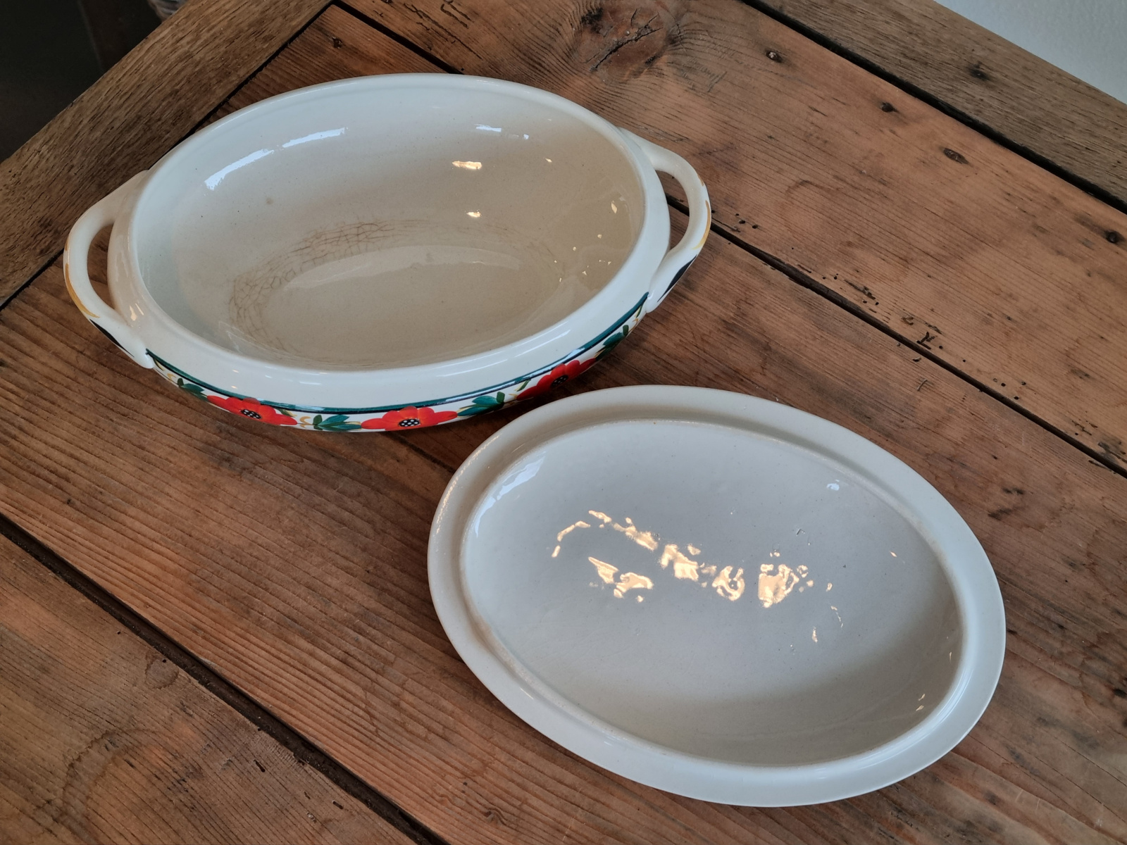 Apart Boerenbont Regout  Dekschaal Terrine vintage oranje/groen