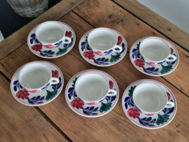 Oud Boerenbont Societe Ceramique 483a Set 6x Thee Kop met schotel (grote bloem)