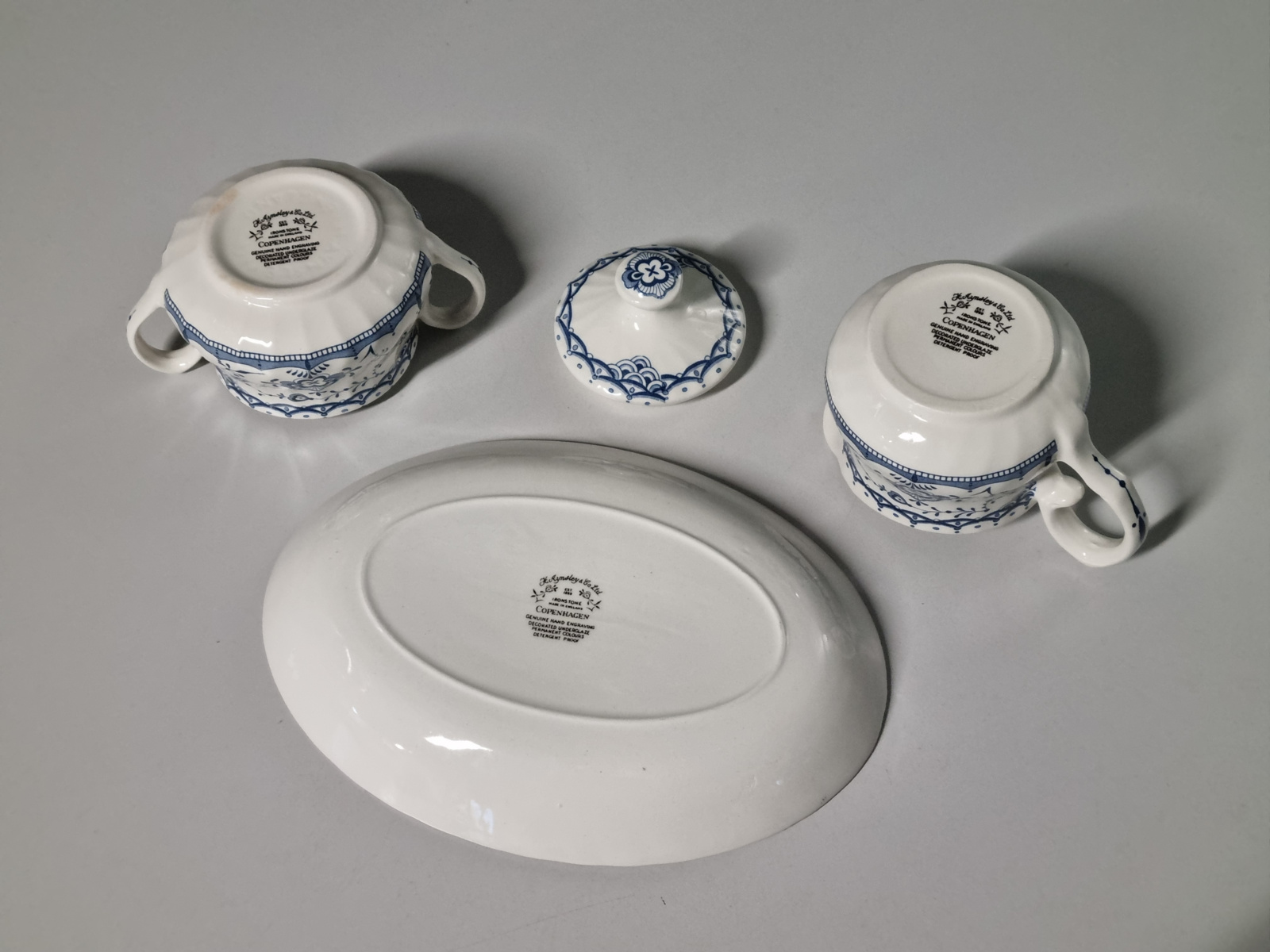 Engels blauw Ironstone Copenhagen roomstel op schaaltje