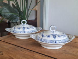 Potiche blauw Petrus Regout set 2x dekschaal terrine