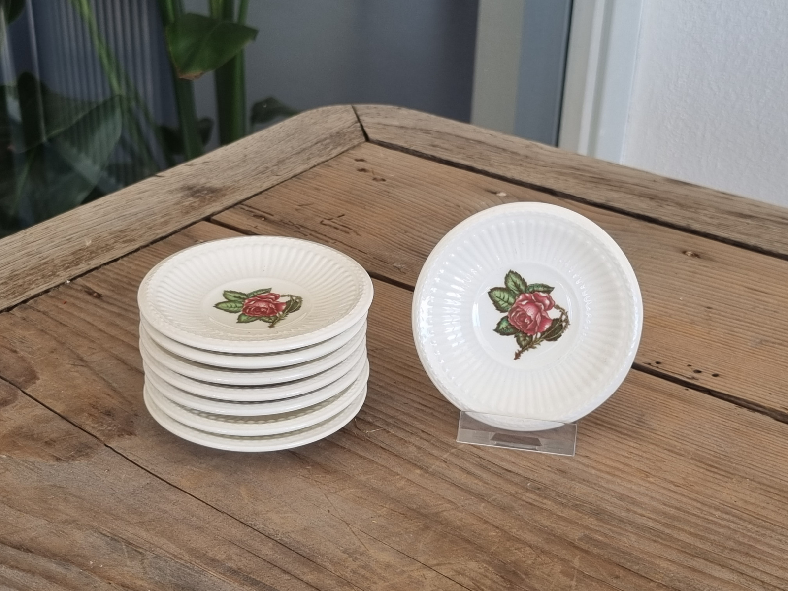 Wedgwood Moss Rose set 8x serveerbordje, theezakjeslegger 8 cm