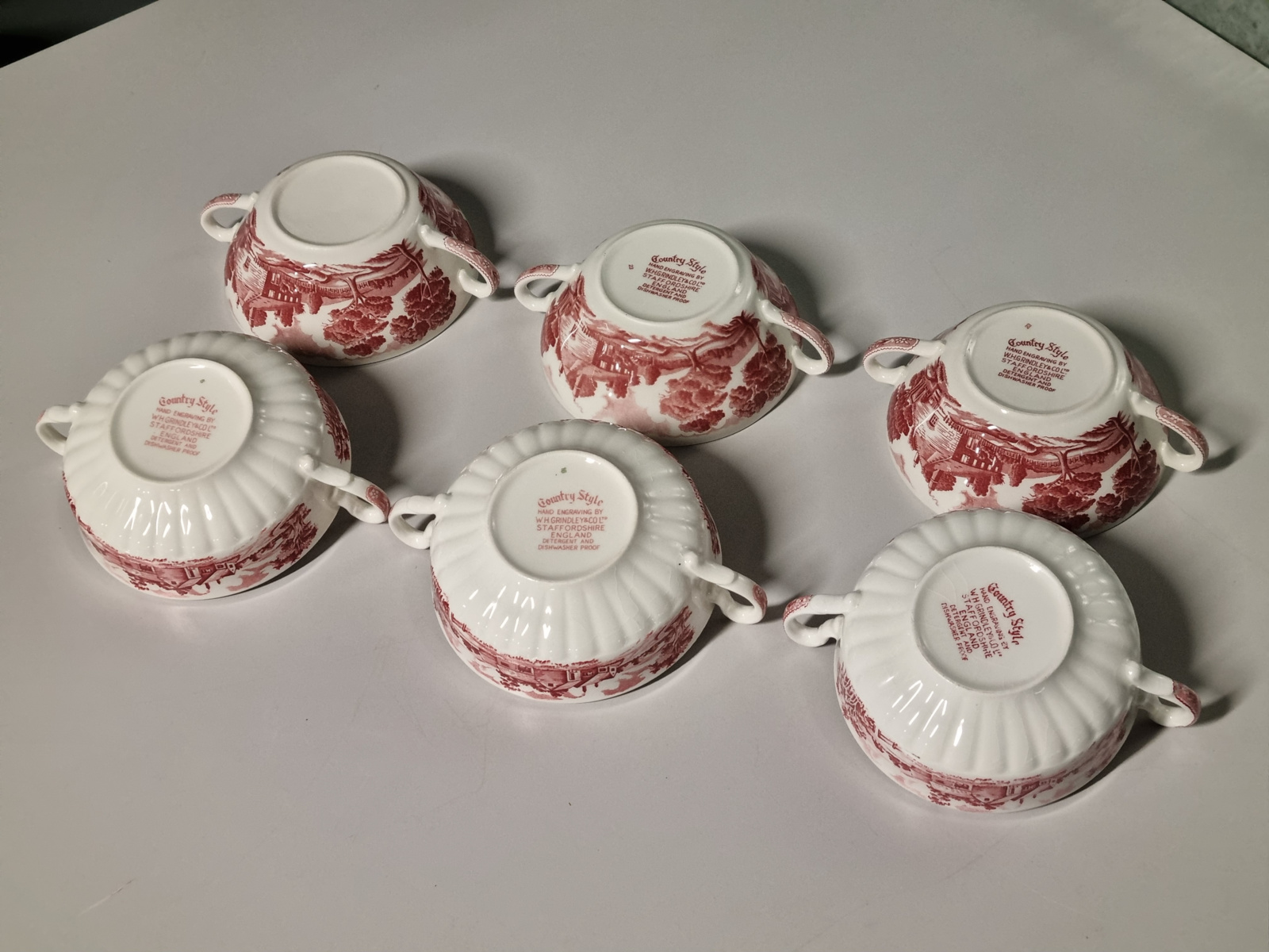 Engels rood Country Style set 6x soepkom met schotel