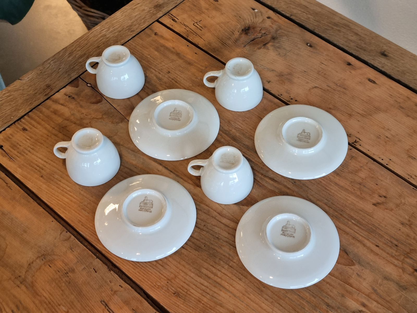 Petrus Regout wit set 4x Hotelporselein Espresso Kop en schotel (oude bruine stempel)