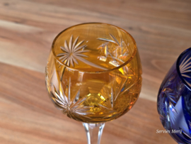Boheems Kristal Glas set (3) van 2x op hoge voet 19,5 cm kleur: blauw en oranje