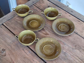 Vintage Regout Royal Sphinx olijfgroen set 3x Soepkom met schotel