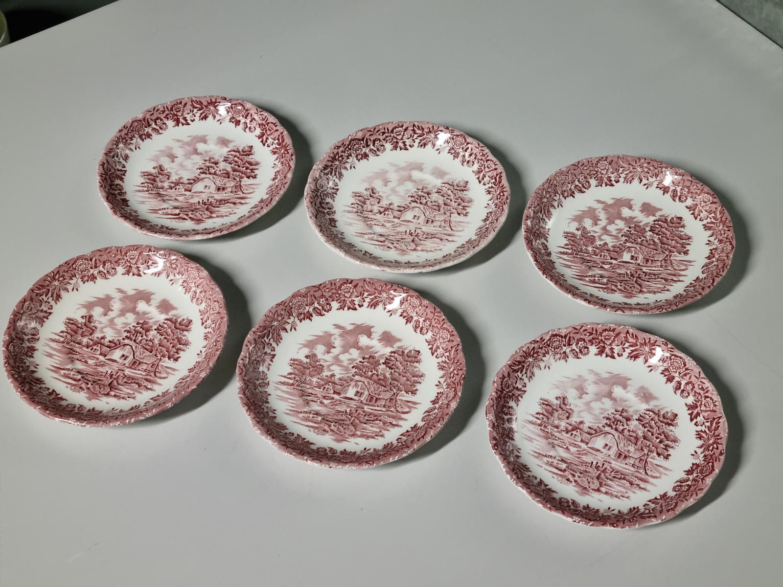 Engels rood Country Style set 6x soepkom met schotel