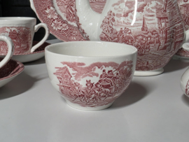 Engels rood Coaching Taverns Royal Tudor Ware Staffordshire koffieservies 6 personen