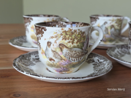 Engels Palissy Game Series set 4x koffie kop en schotel (afb. hoender - eend)
