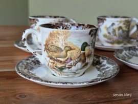 Engels Palissy Game Series set 4x koffie kop en schotel (afb. hoender - eend)