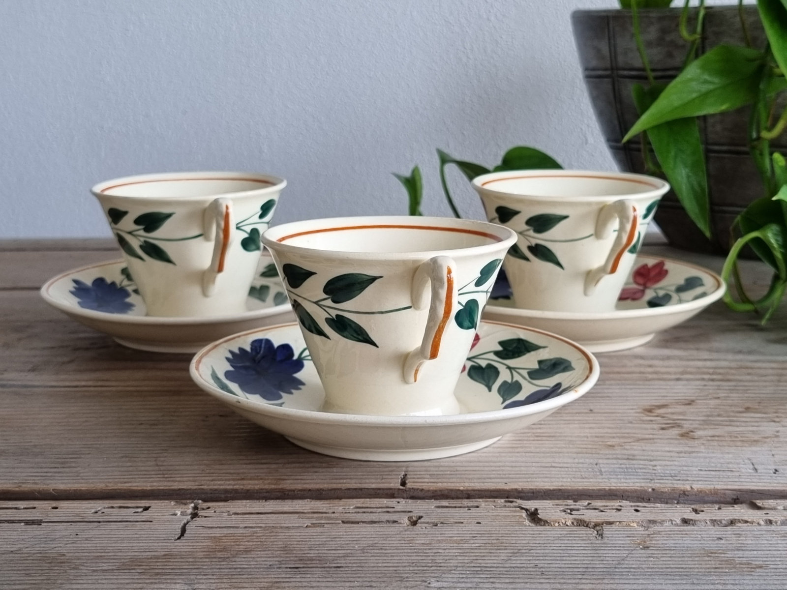 Boerenbont 418 Societe Ceramique Set 3x Koffie Kop bloemkooloortje + Schotel (creme)