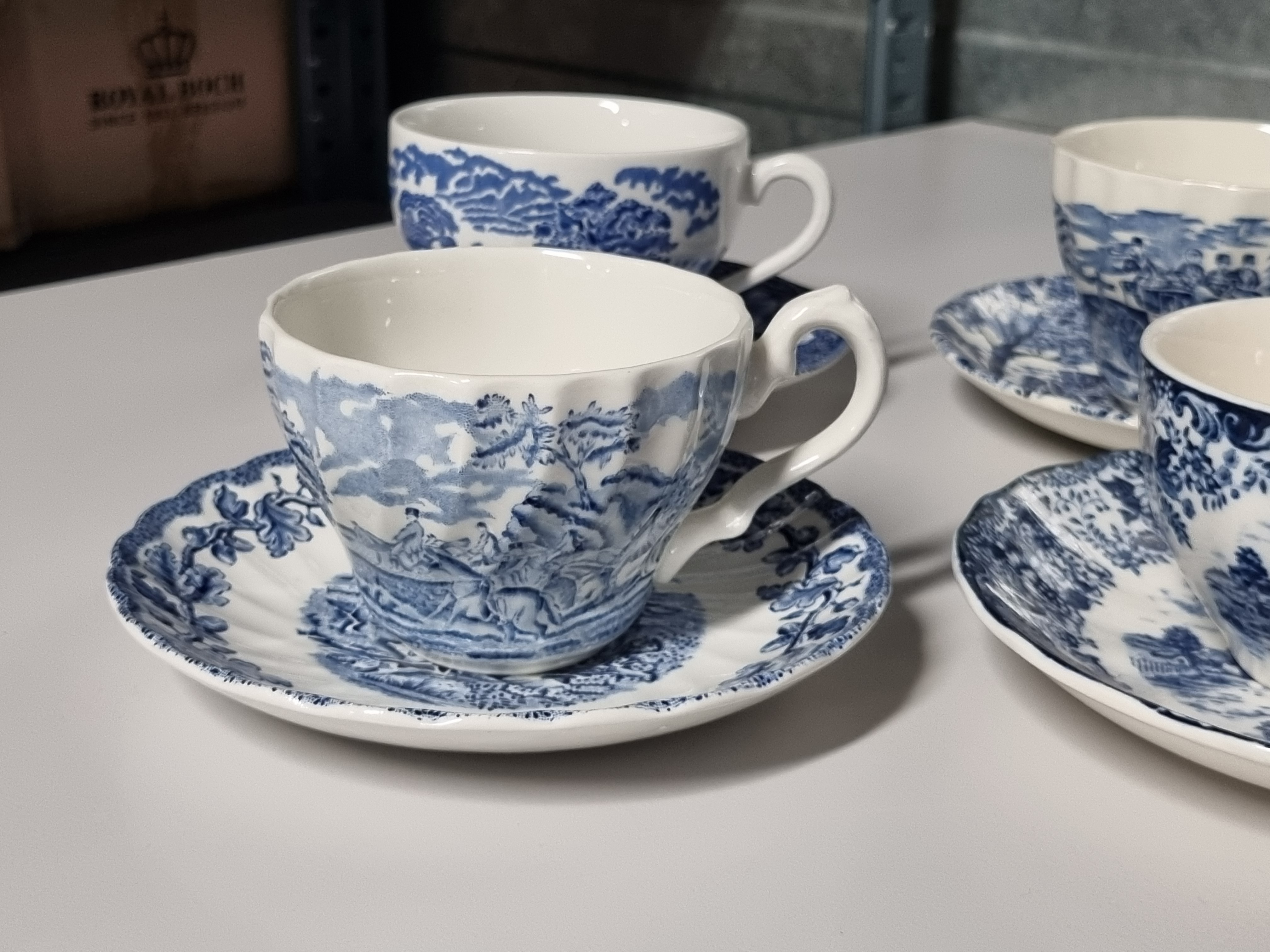 Engels blauw Set 6x mix & match kop en schotel (wit binnenin)