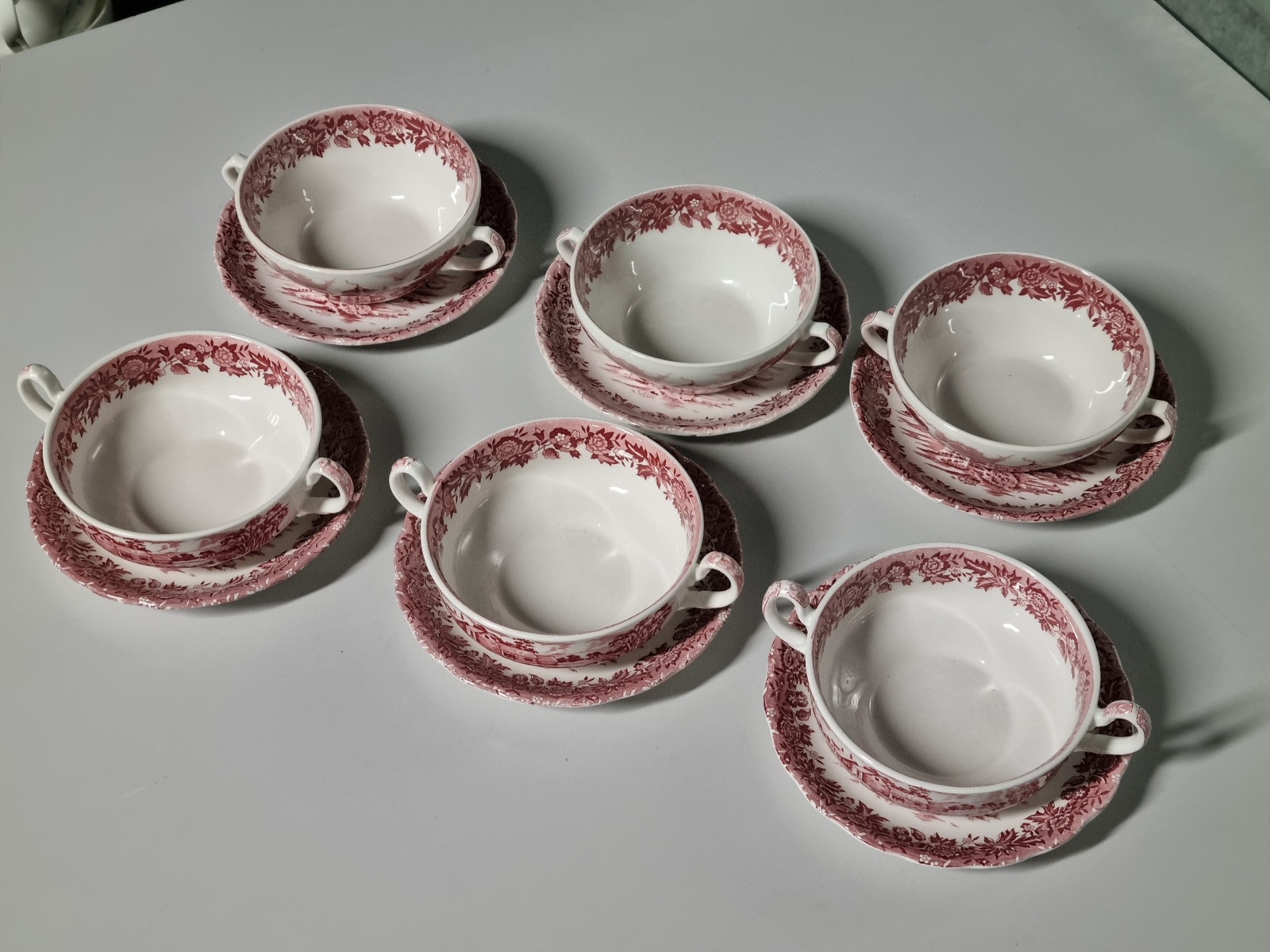 Engels rood Country Style set 6x soepkom met schotel