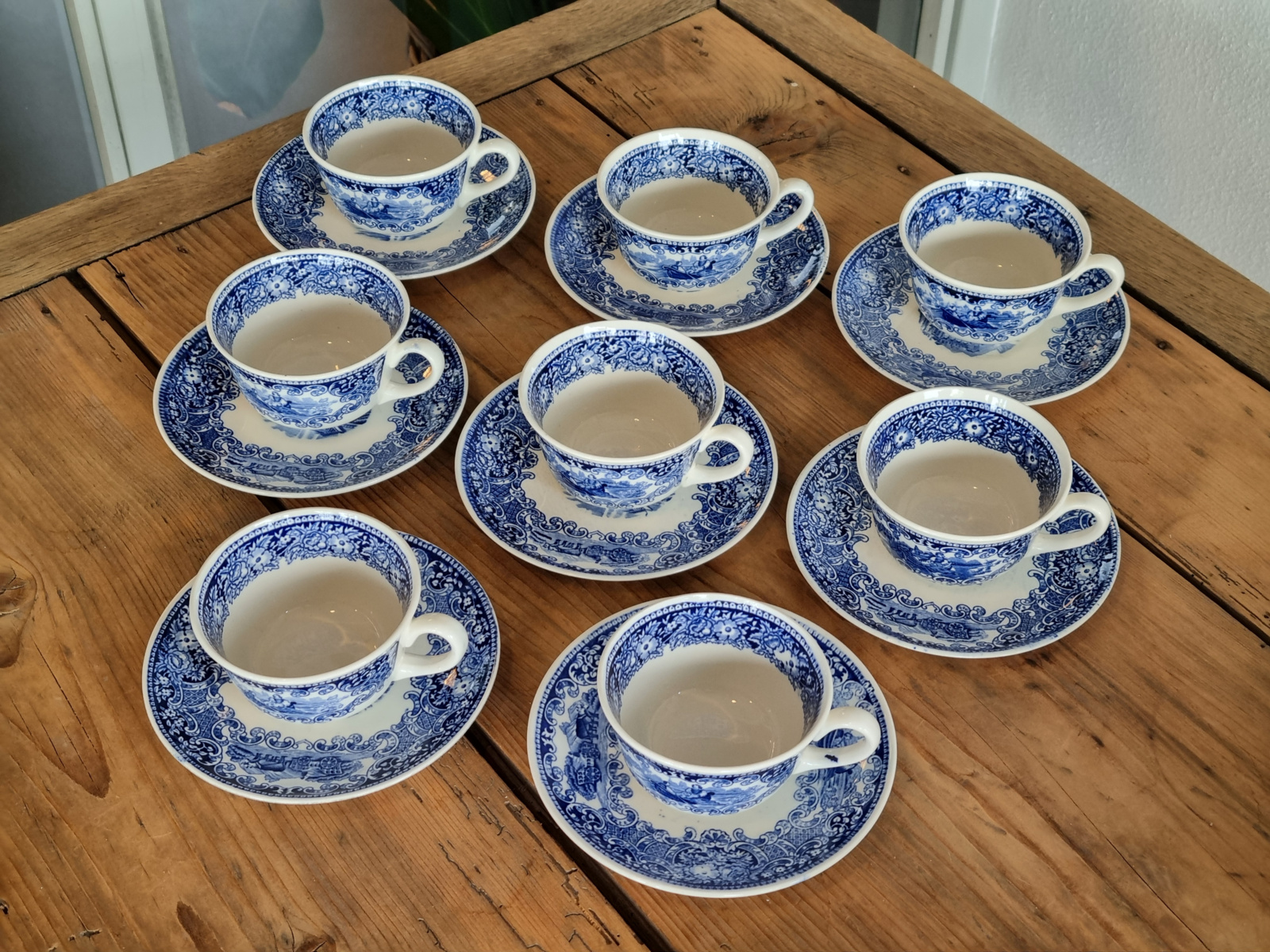 Regout Castillo blauw set 8x Kop en schotel (blauwe rand en met rond oortje)