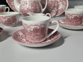 Engels rood Coaching Taverns Royal Tudor Ware Staffordshire koffieservies 6 personen