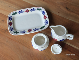 Boerenbont Boch suikerpot en roomkannetje op plateau (nieuwste Boch)