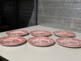 Engels rood Coaching Taverns Royal Tudor Ware Staffordshire set 6x ontbijtbord 20 cm