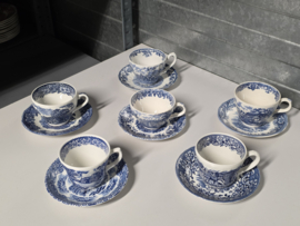 Engels blauw Set 6x mix & match kop en schotel (rand met decor binnenin)