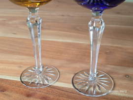 Boheems Kristal Glas set (3) van 2x op hoge voet 19,5 cm kleur: blauw en oranje