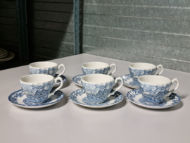 Engels blauw Jachtservies Myott's Country Life set 6x Kop en schotel (witte binnenkant)