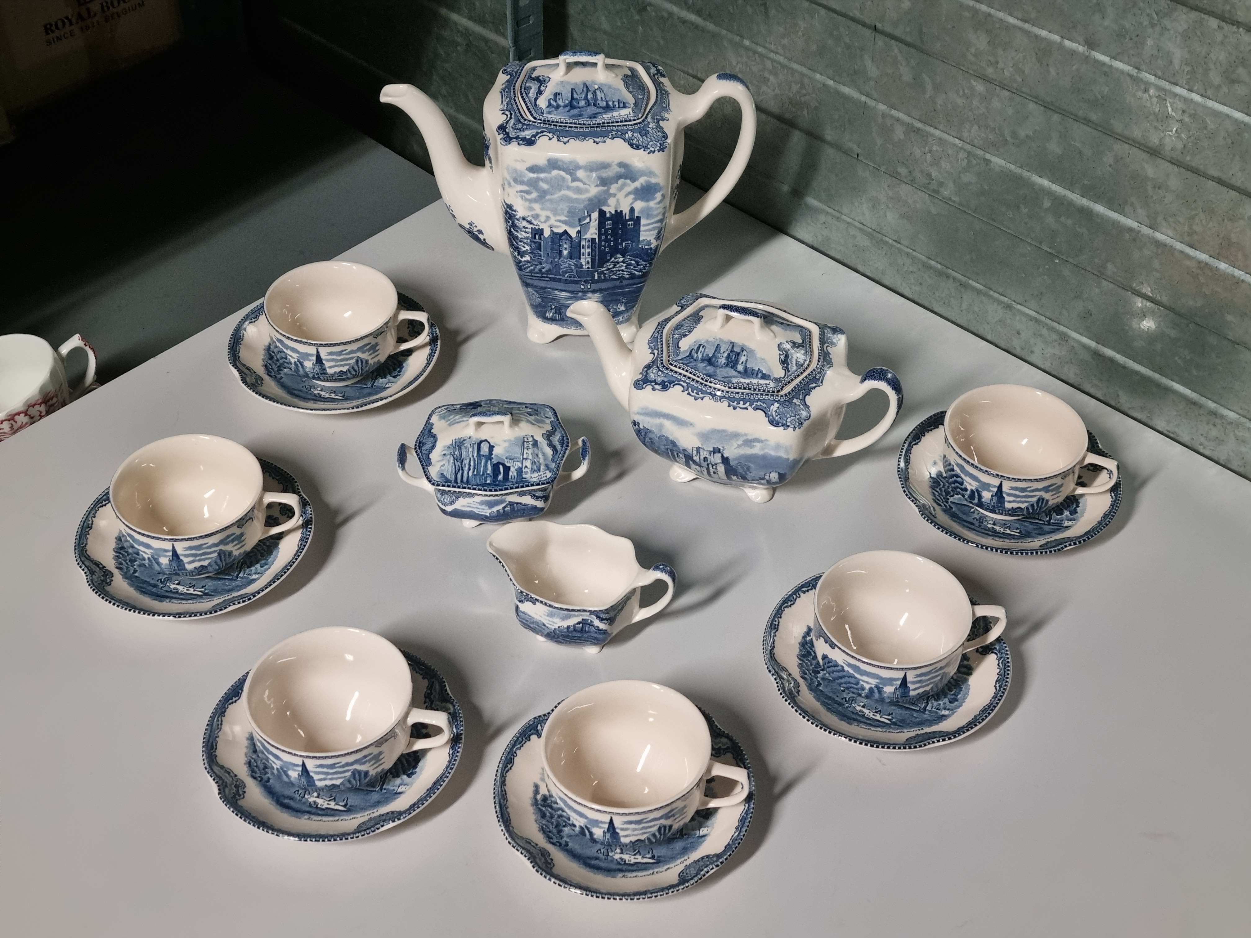 Engels blauw Johnson Bros Old Britain Castles koffieservies theeservies 6 personen