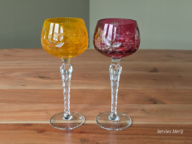 Boheems Kristal Glas set (4) van 2x op hoge voet 19,5 cm kleur: rose en oranje