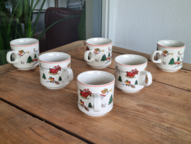 Vintage kerstservies setje van 6 mokken en ontbijtborden