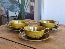 Vintage Regout Royal Sphinx olijfgroen set 3x Soepkom met schotel