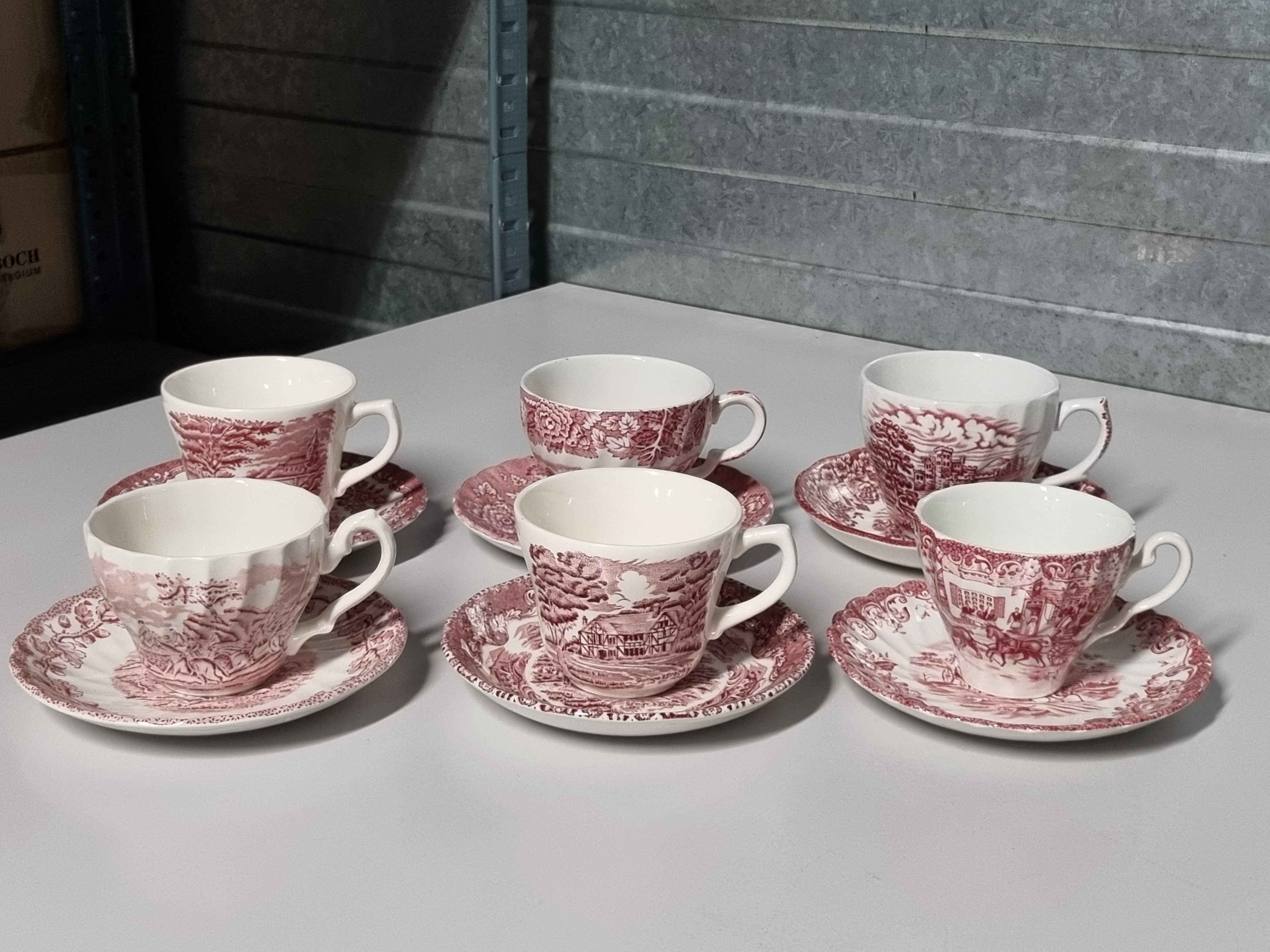 Engels rood Set 6x mix & match kop en schotel (wit binnenin)
