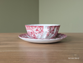 Engels rood Johnson Bros Coaching Scenes soepkom met schotel (witte binnenkant)