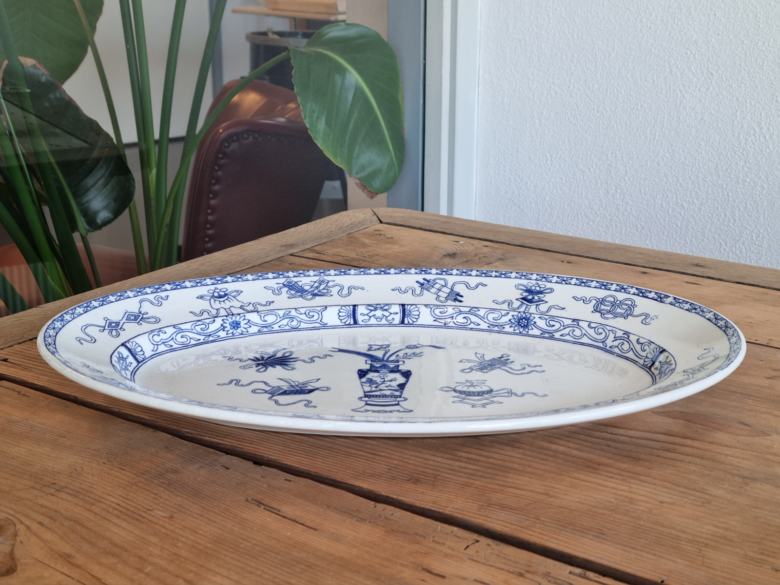 Potiche blauw Societe Ceramique ovale schaal groot 40 cm