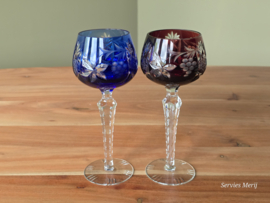 Boheems Kristal Glas set (2) van 2x op hoge voet 19,5 cm kleur: blauw en paars