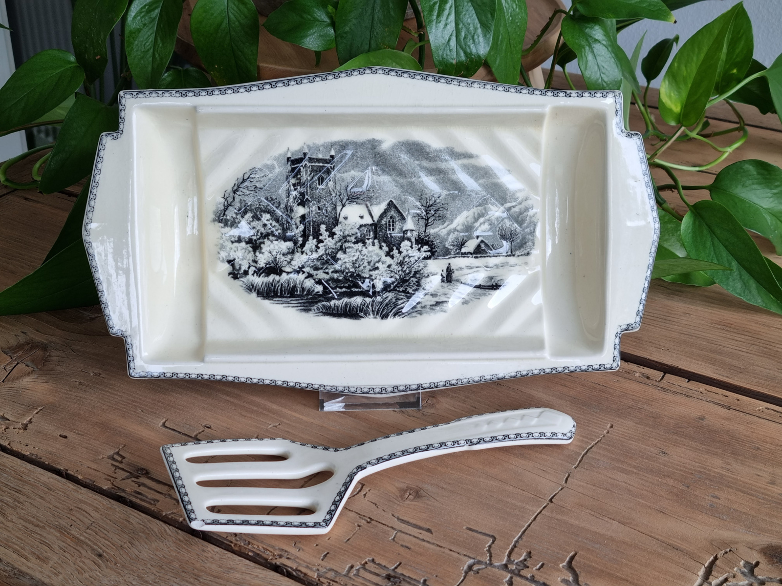 Landschap Zwart Societe Ceramique Aspergeschaal met originele Aspergeschep