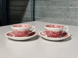 Engels rood Wedgwood Adams English Scenic set 2x kop en schotel (golvend randje)