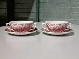 Engels rood Olde Country Castles set 2x Soepkom met schotel