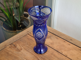 Boheems Kristal Glas Blauw hoge smalle Vaas 30 cm