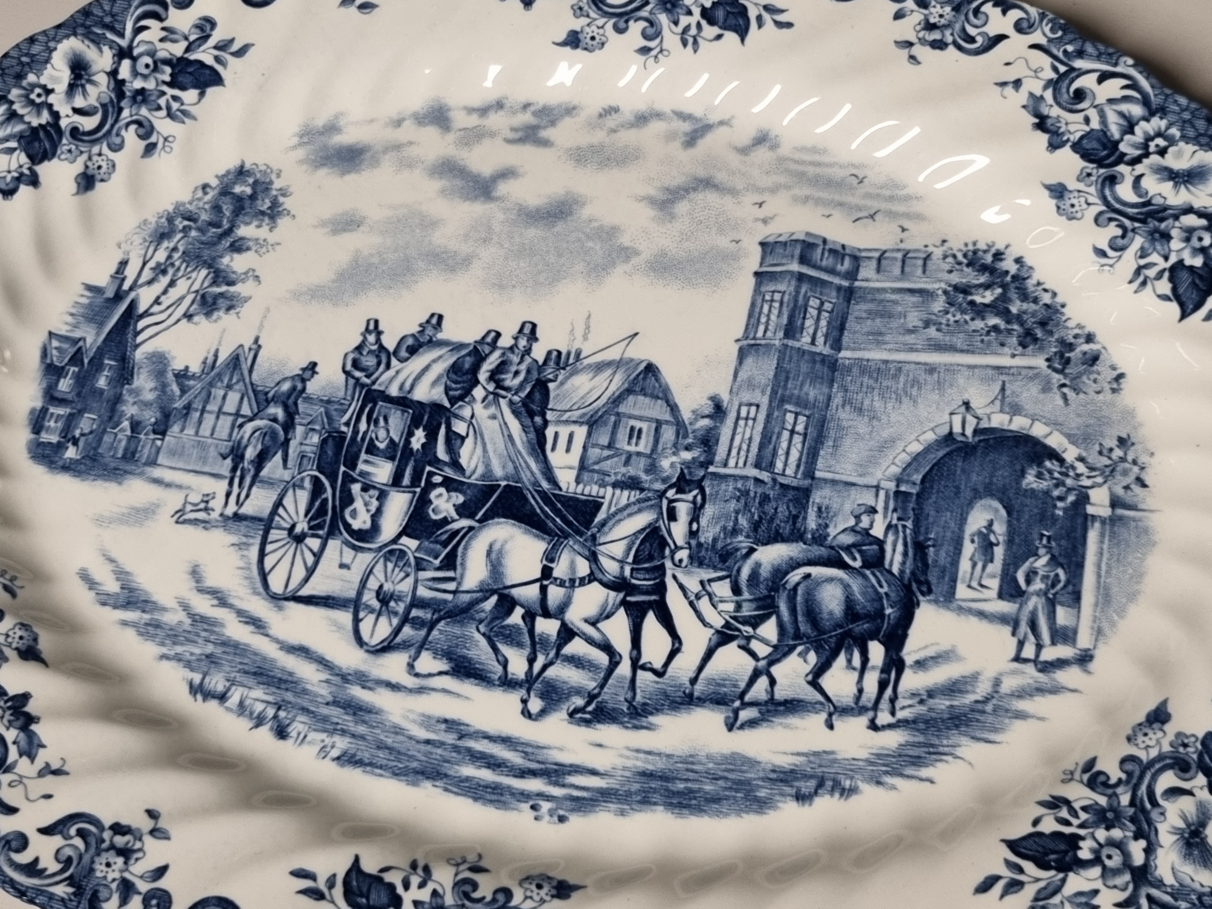 Engels blauw Johnson Bros Coaching Scenes set 3x ovale schaal
