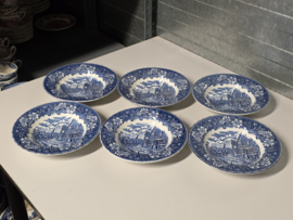 Engels blauw Coaching Taverns Royal Tudor Ware Staffordshire Set 6x diep pasta curry bord 22,5 cm