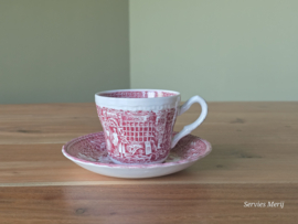 Engels rood Coaching Taverns Royal Tudor Ware Staffordshire kop en schotel (rand binnenin)