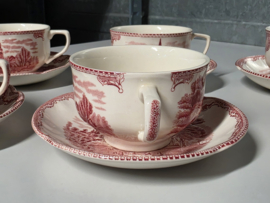 Engels rood Johnson Bros Old Britain Castles set 6x Kop en schotel (wit binnenin)