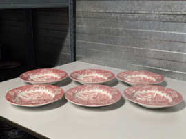 Engels rood Coaching Taverns Royal Tudor Ware Staffordshire set 6x diep bord 23 cm