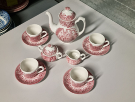 Engels rood 17th Century England Royal Tudor Ware Staffordshireset Koffieservies 4-persoons