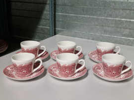 Engels rood 17th Century England Royal Tudor Ware Staffordshireset 6x Kop en schotel