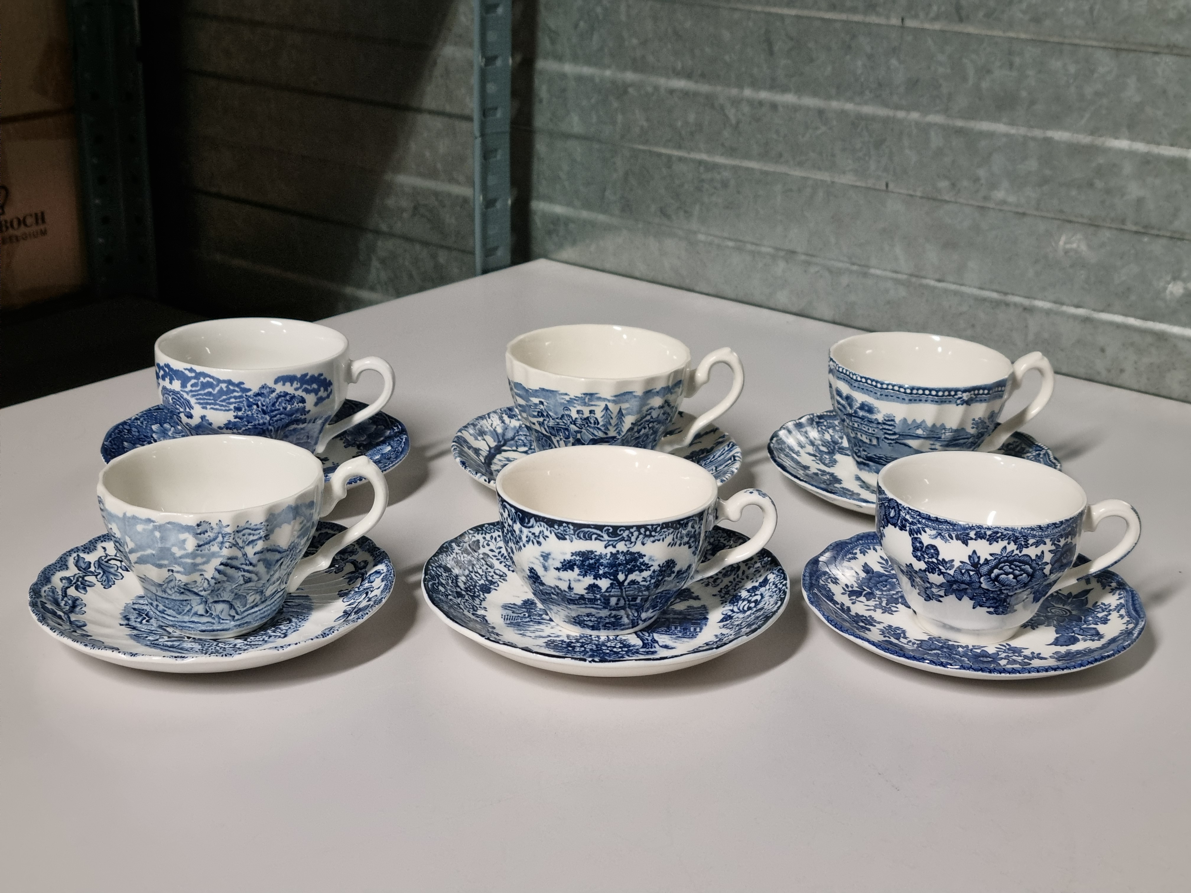 Engels blauw Set 6x mix & match kop en schotel (wit binnenin)