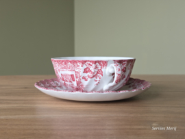 Engels rood Johnson Bros Coaching Scenes soepkom met schotel (witte binnenkant)